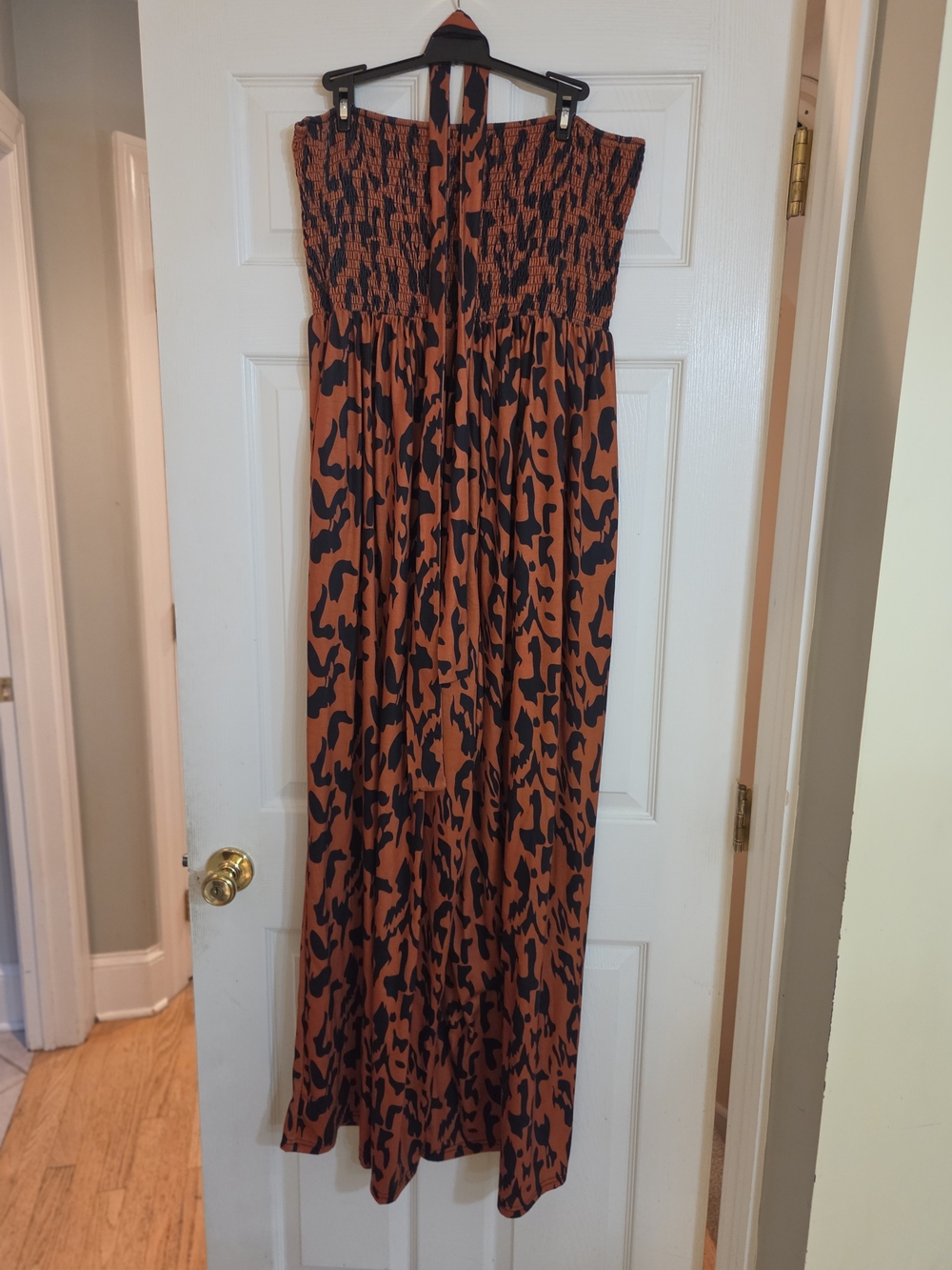 Smocked Strapless Maxi Dress in Rust and Black Animal Print